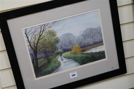 S. Sukonkin (Russian) Figures walking at Petersham Meadow in Autumn 20 x 40cm.